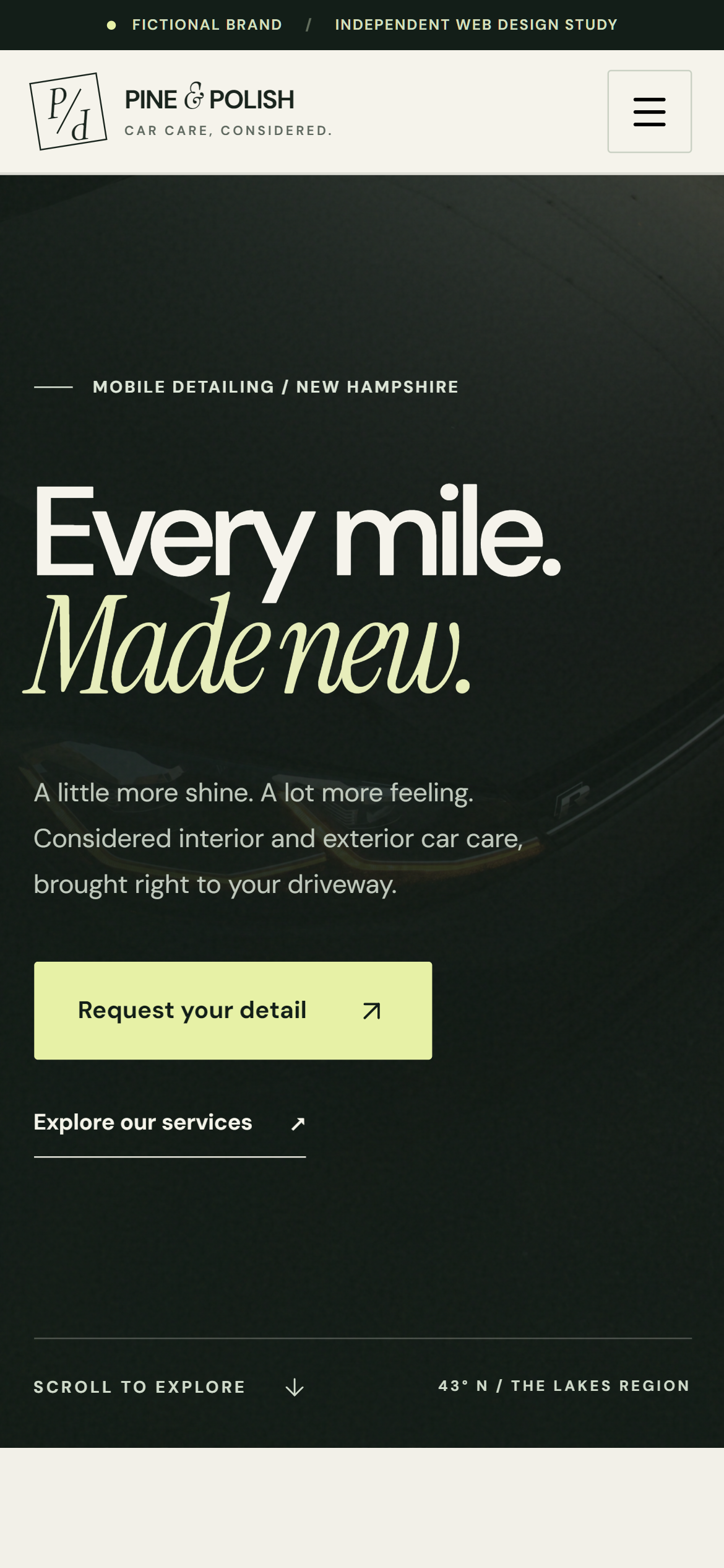 The rebuilt mobile homepage with distinctive Pine & Polish typography and a large touch-friendly button
